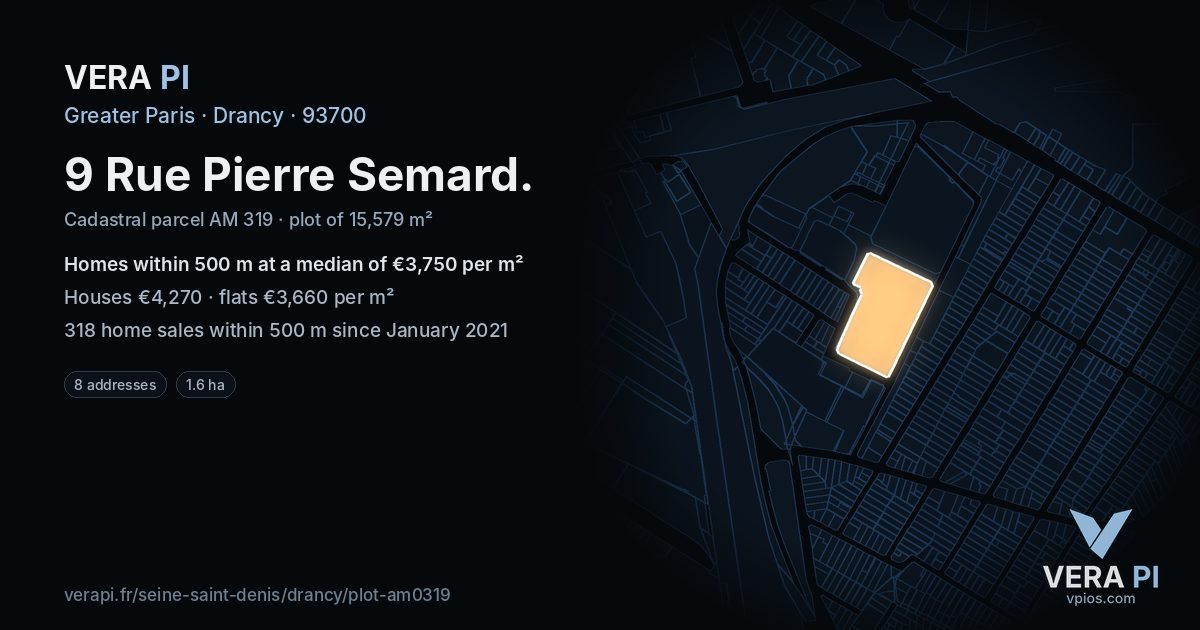 9 Rue Pierre Semard, Drancy at night – the plot lit, the parcels around coloured by the prices near them
