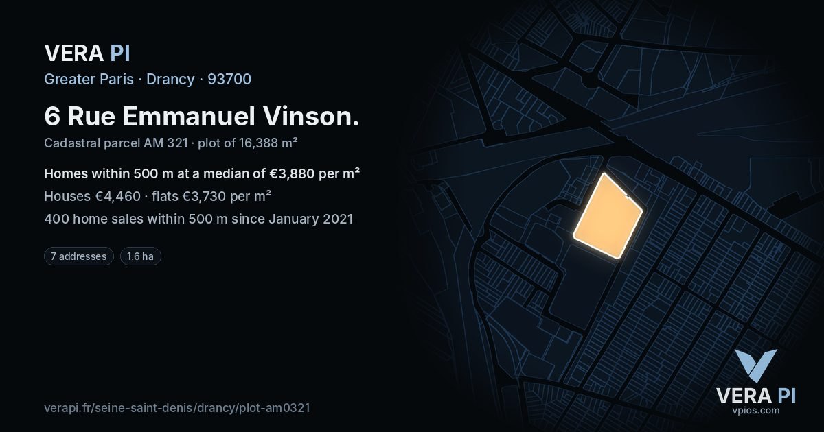 6 Rue Emmanuel Vinson, Drancy at night – the plot lit, the parcels around coloured by the prices near them