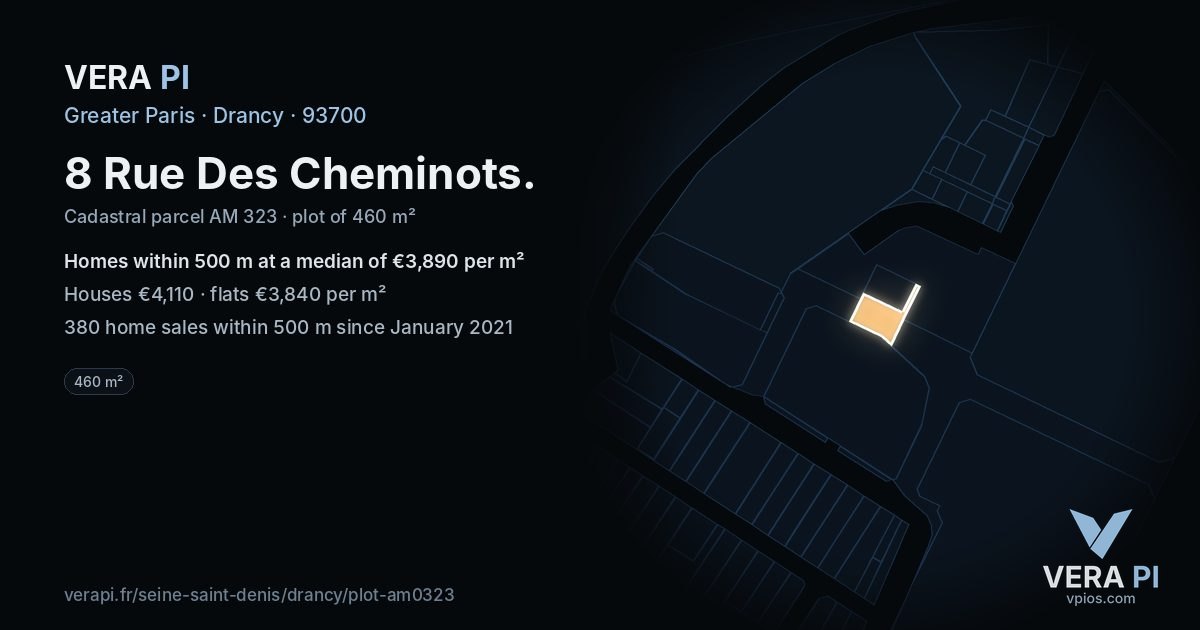 8 Rue Des Cheminots, Drancy at night – the plot lit, the parcels around coloured by the prices near them