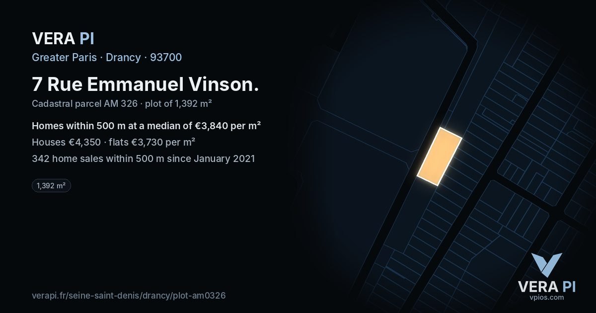 7 Rue Emmanuel Vinson, Drancy at night – the plot lit, the parcels around coloured by the prices near them