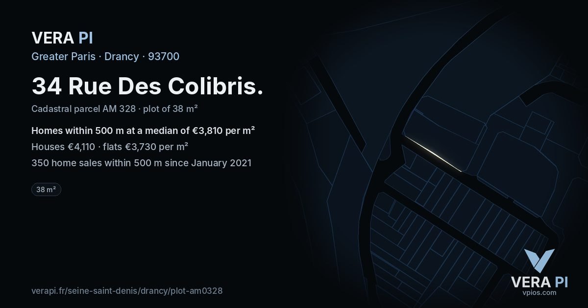 34 Rue Des Colibris, Drancy at night – the plot lit, the parcels around coloured by the prices near them