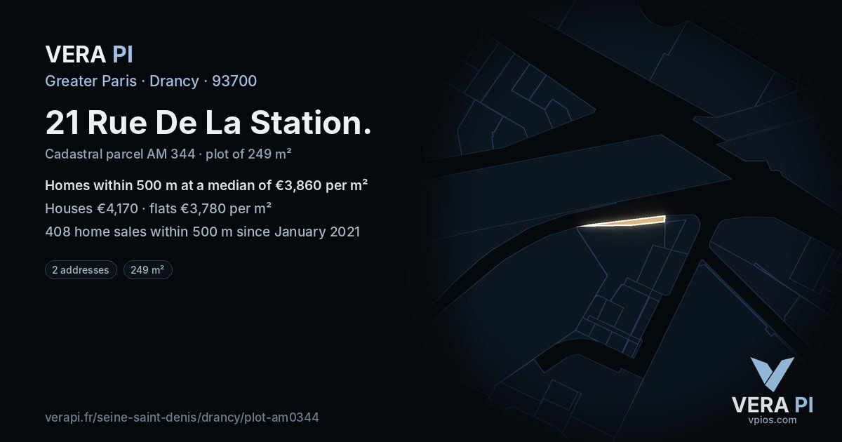 21 Rue De La Station, Drancy at night – the plot lit, the parcels around coloured by the prices near them