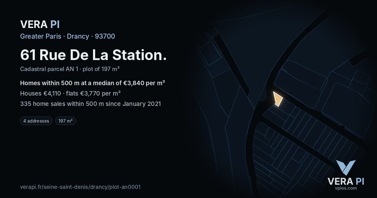 61 Rue De La Station, Drancy at night – the plot lit, the parcels around coloured by the prices near them