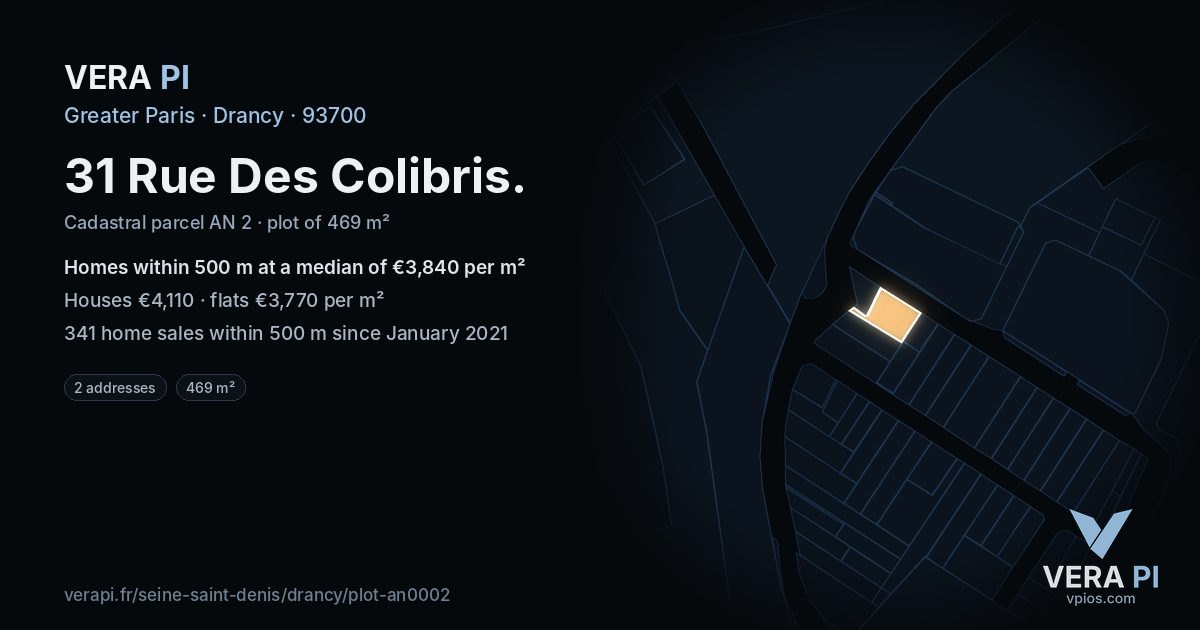31 Rue Des Colibris, Drancy at night – the plot lit, the parcels around coloured by the prices near them
