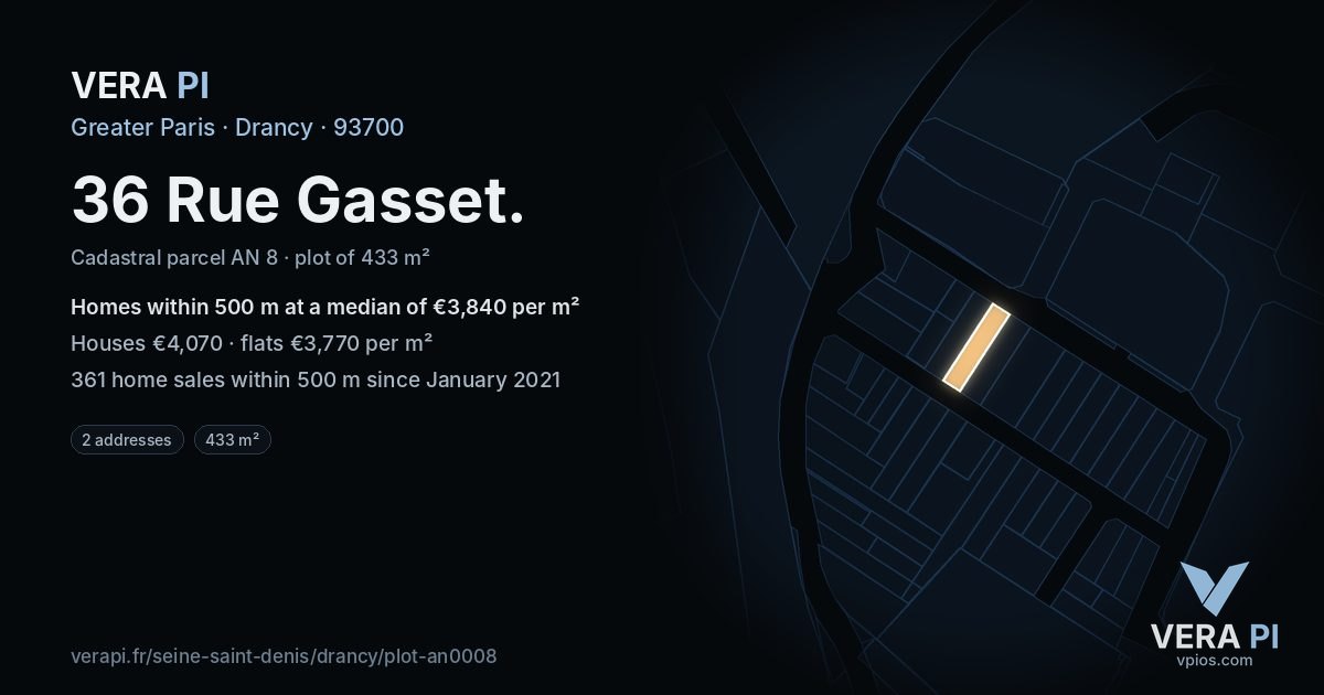 36 Rue Gasset, Drancy at night – the plot lit, the parcels around coloured by the prices near them