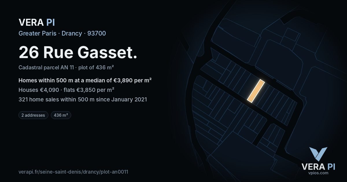 26 Rue Gasset, Drancy at night – the plot lit, the parcels around coloured by the prices near them