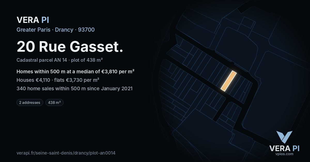20 Rue Gasset, Drancy at night – the plot lit, the parcels around coloured by the prices near them
