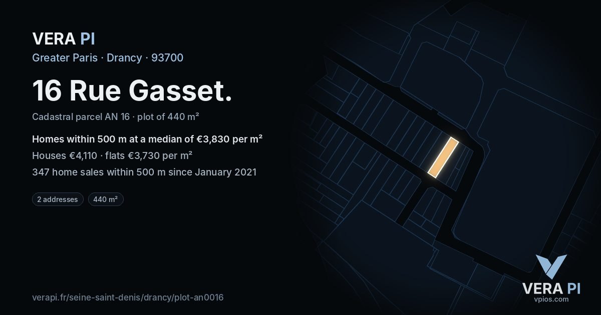 16 Rue Gasset, Drancy at night – the plot lit, the parcels around coloured by the prices near them