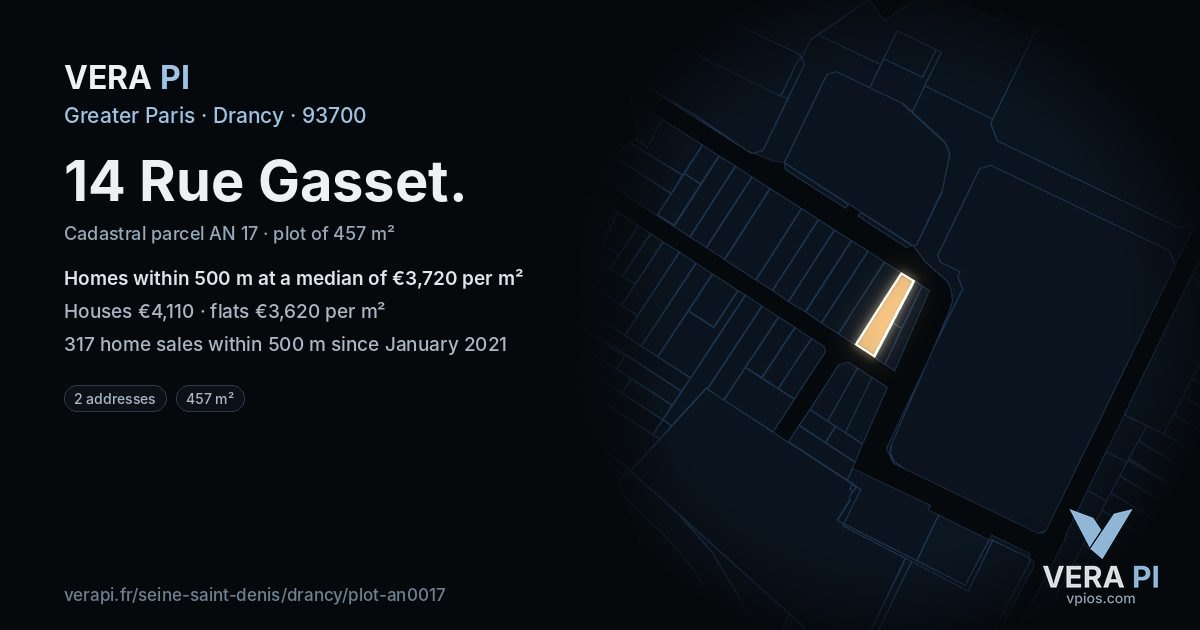 14 Rue Gasset, Drancy at night – the plot lit, the parcels around coloured by the prices near them