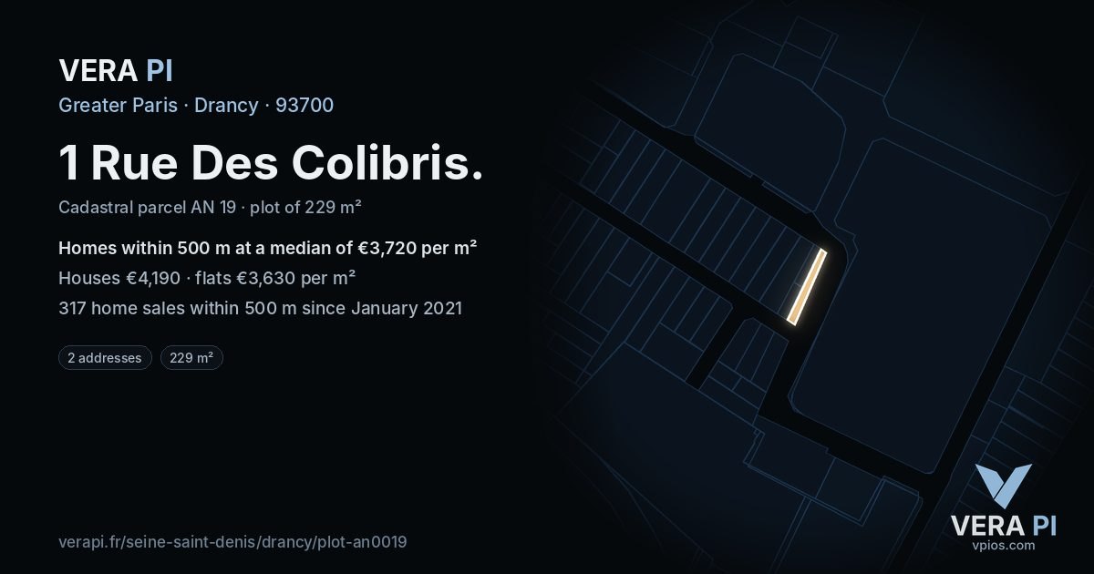 1 Rue Des Colibris, Drancy at night – the plot lit, the parcels around coloured by the prices near them