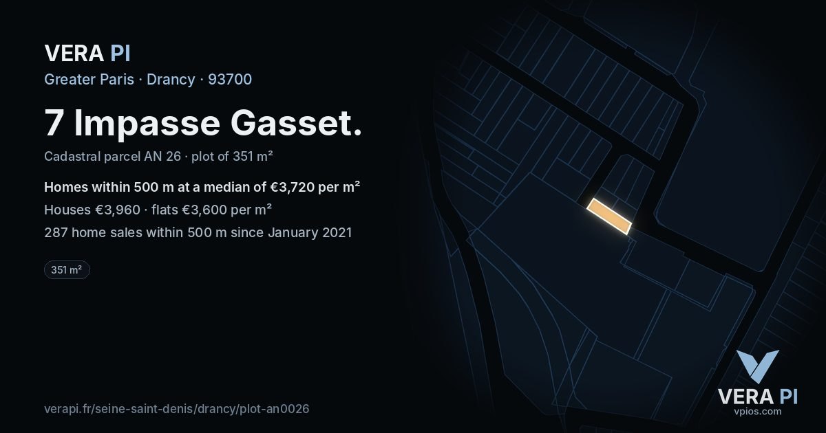 7 Impasse Gasset, Drancy at night – the plot lit, the parcels around coloured by the prices near them