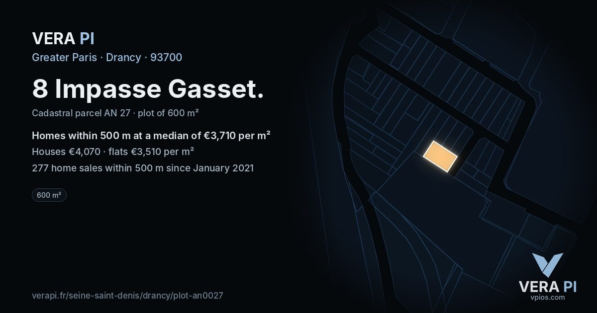 8 Impasse Gasset, Drancy at night – the plot lit, the parcels around coloured by the prices near them