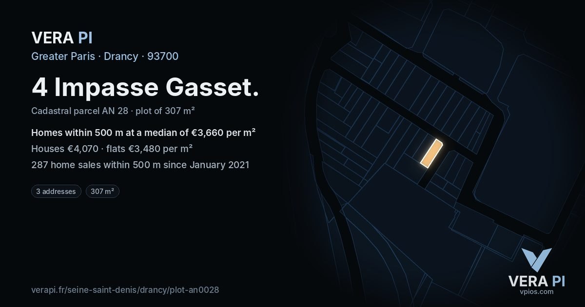 4 Impasse Gasset, Drancy at night – the plot lit, the parcels around coloured by the prices near them