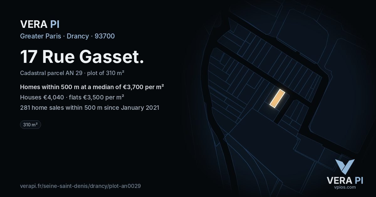 17 Rue Gasset, Drancy at night – the plot lit, the parcels around coloured by the prices near them