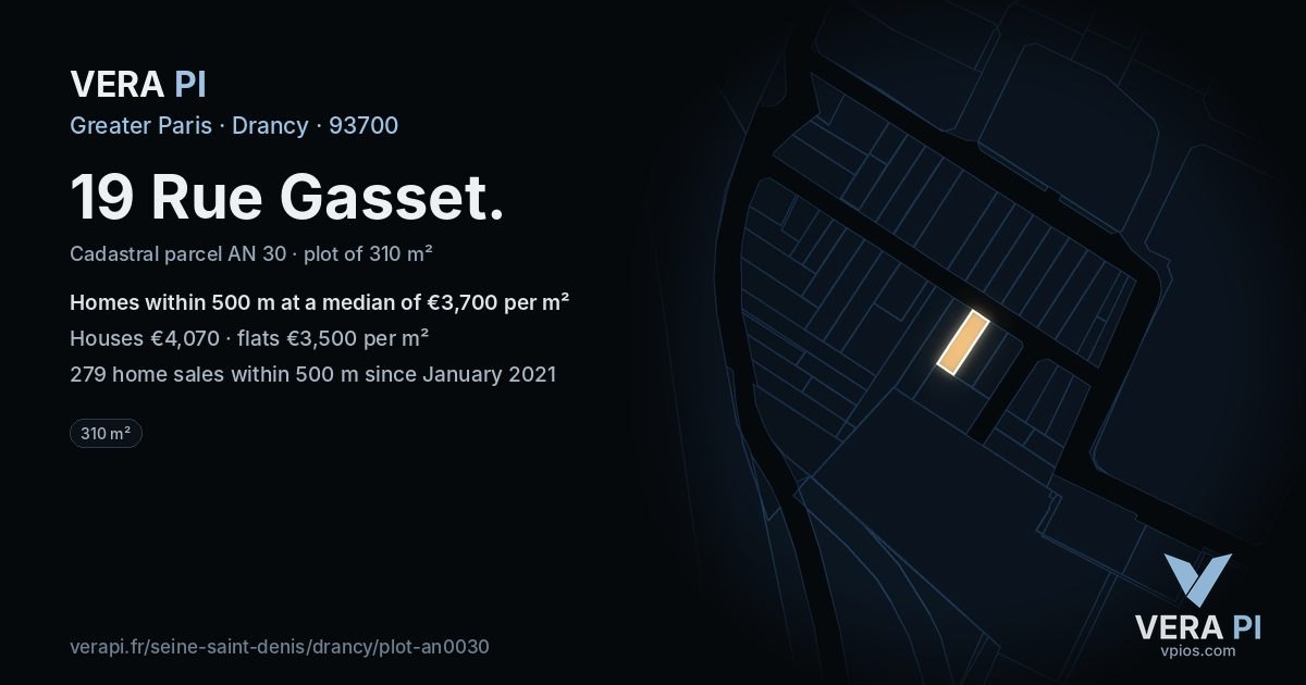 19 Rue Gasset, Drancy at night – the plot lit, the parcels around coloured by the prices near them
