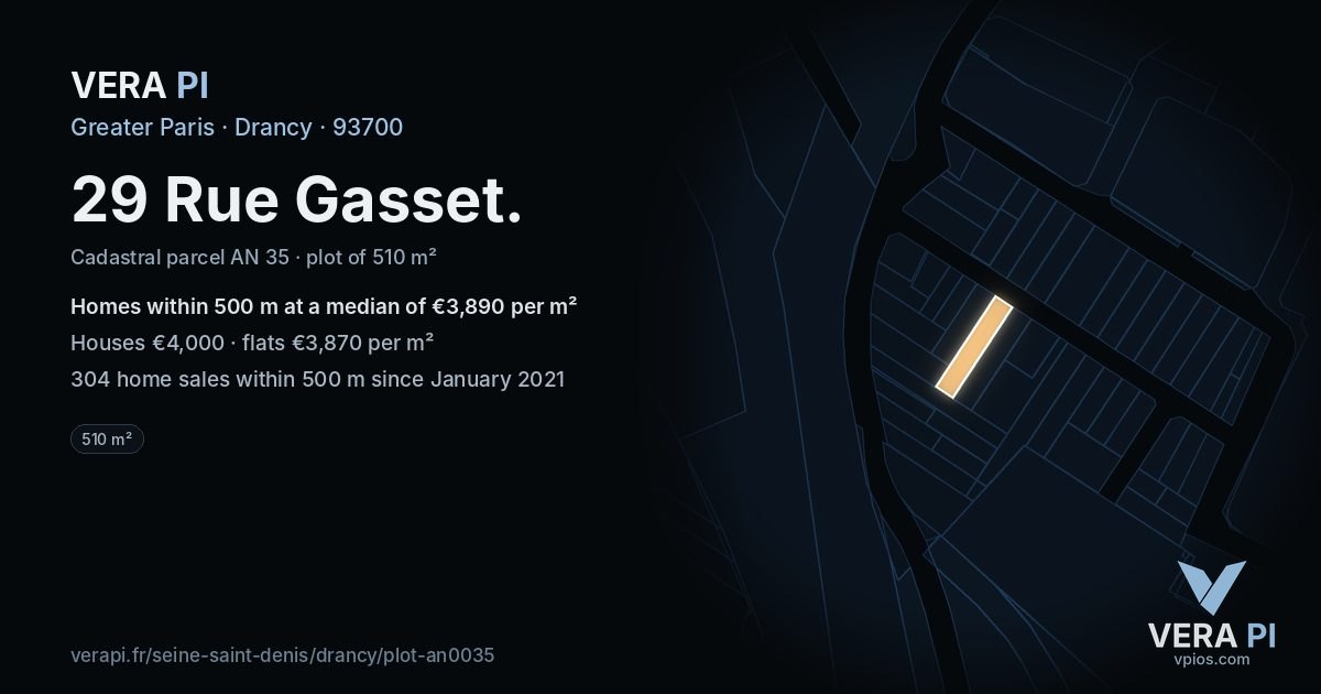 29 Rue Gasset, Drancy at night – the plot lit, the parcels around coloured by the prices near them