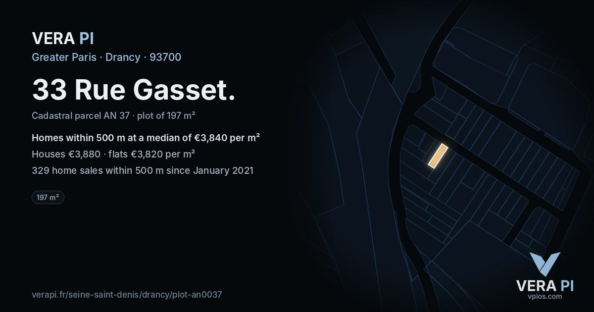 33 Rue Gasset, Drancy at night – the plot lit, the parcels around coloured by the prices near them