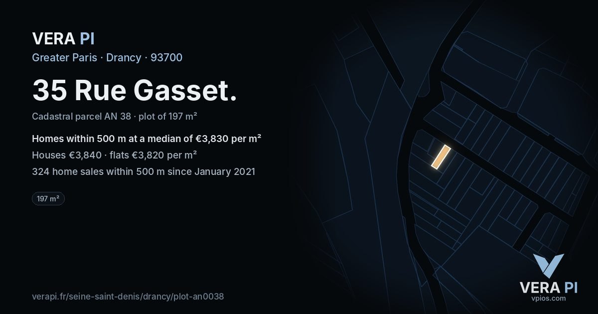 35 Rue Gasset, Drancy at night – the plot lit, the parcels around coloured by the prices near them