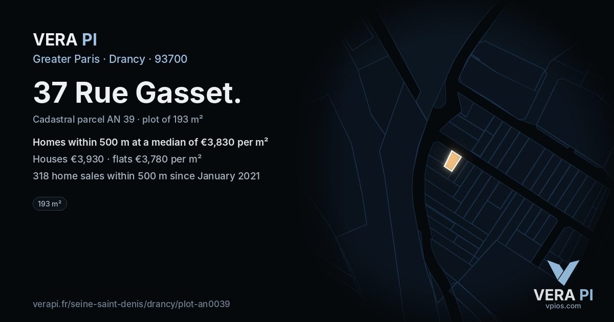37 Rue Gasset, Drancy at night – the plot lit, the parcels around coloured by the prices near them