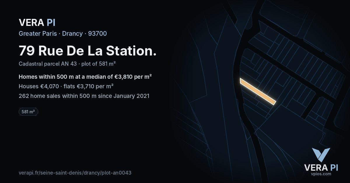 79 Rue De La Station, Drancy at night – the plot lit, the parcels around coloured by the prices near them
