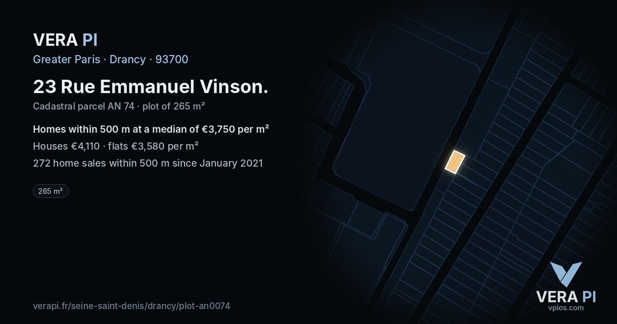 23 Rue Emmanuel Vinson, Drancy at night – the plot lit, the parcels around coloured by the prices near them