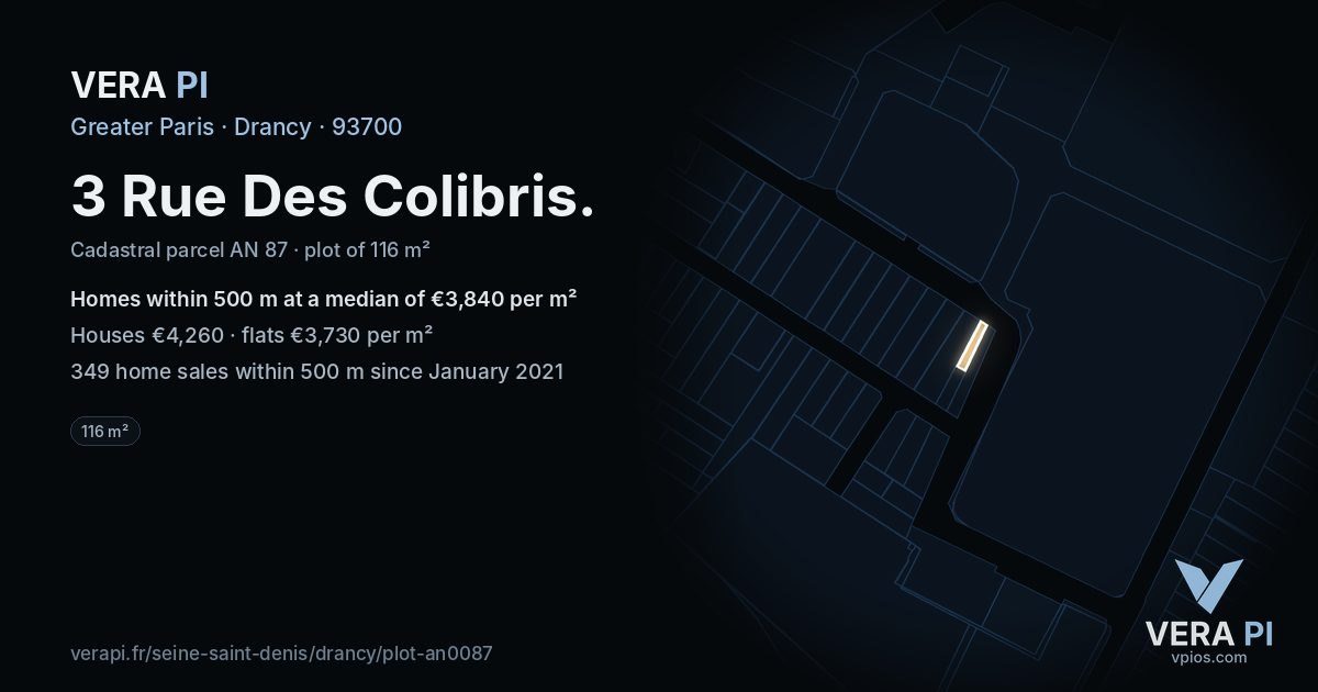 3 Rue Des Colibris, Drancy at night – the plot lit, the parcels around coloured by the prices near them
