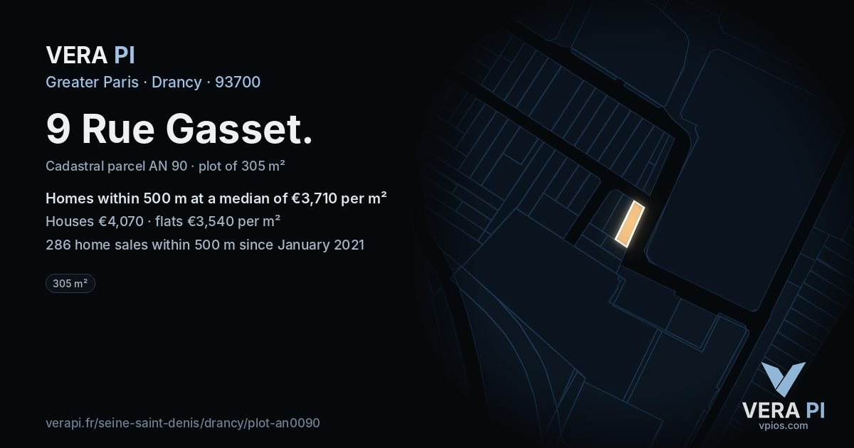9 Rue Gasset, Drancy at night – the plot lit, the parcels around coloured by the prices near them