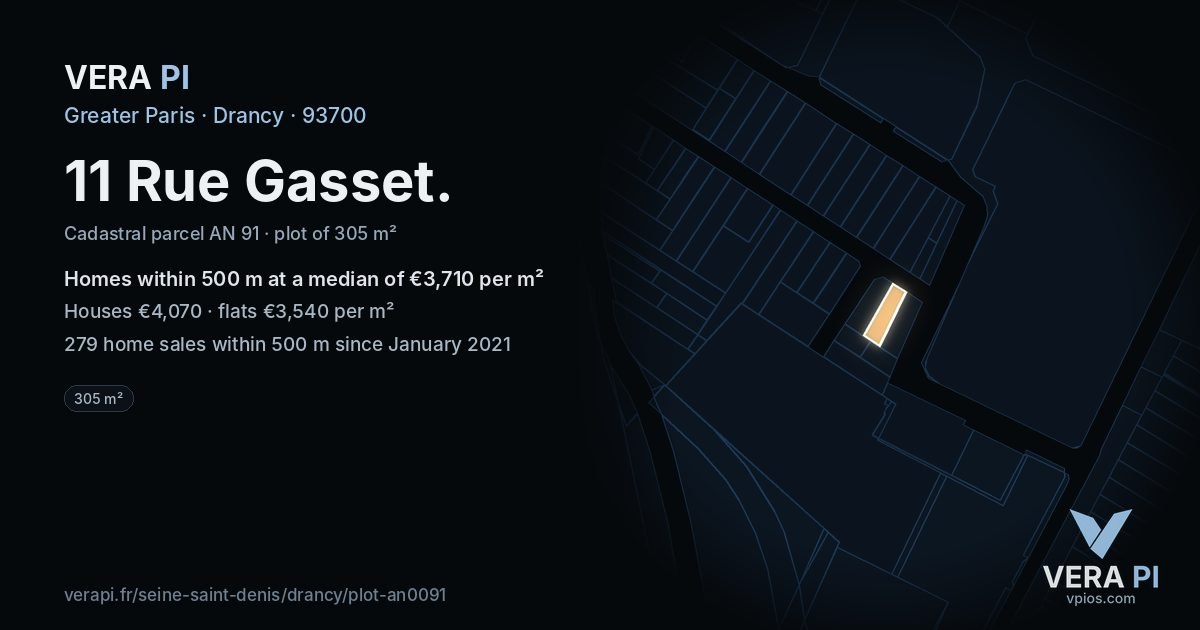 11 Rue Gasset, Drancy at night – the plot lit, the parcels around coloured by the prices near them