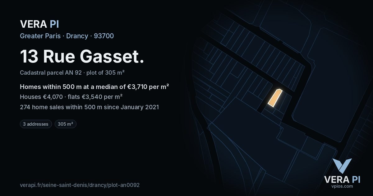 13 Rue Gasset, Drancy at night – the plot lit, the parcels around coloured by the prices near them