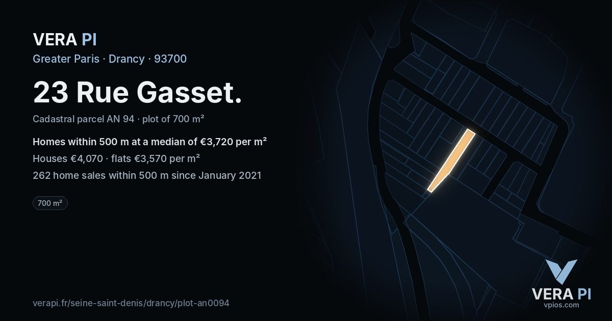 23 Rue Gasset, Drancy at night – the plot lit, the parcels around coloured by the prices near them