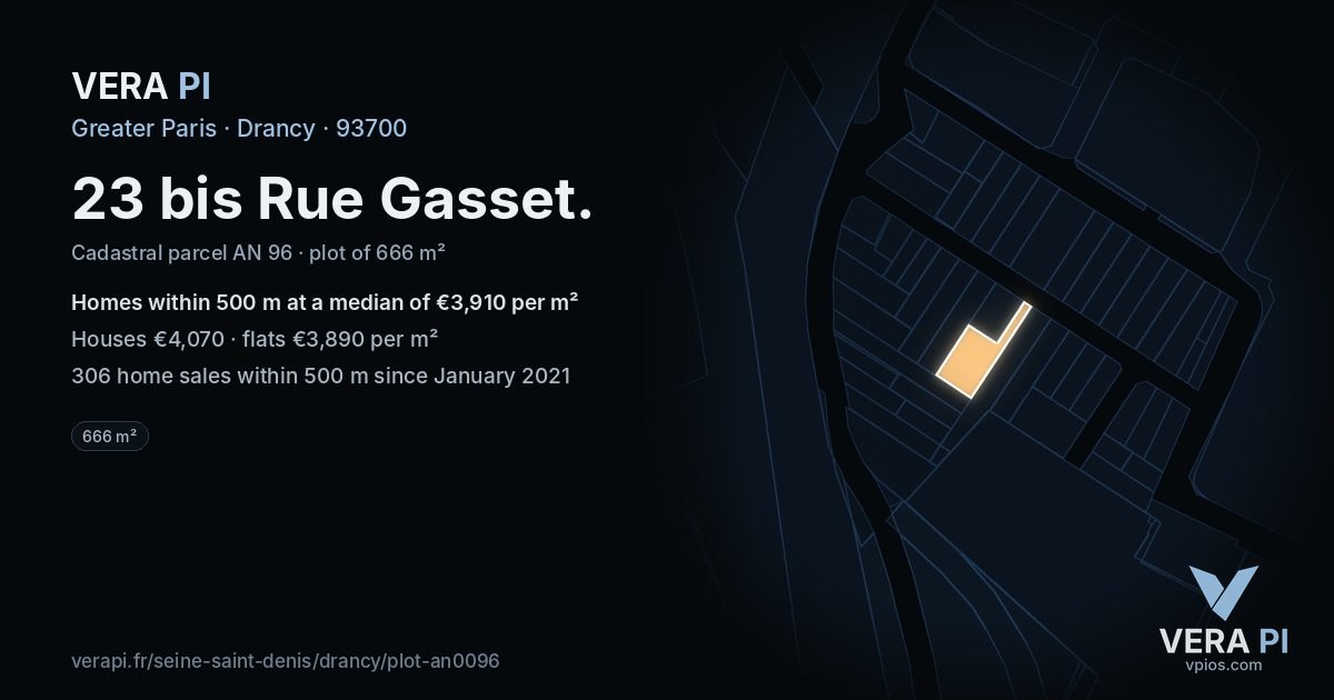 23 bis Rue Gasset, Drancy at night – the plot lit, the parcels around coloured by the prices near them