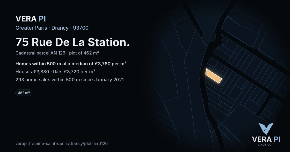 75 Rue De La Station, Drancy at night – the plot lit, the parcels around coloured by the prices near them