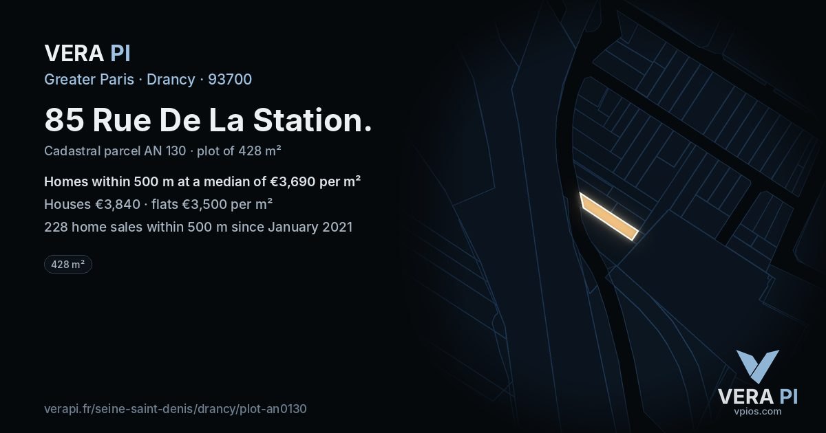 85 Rue De La Station, Drancy at night – the plot lit, the parcels around coloured by the prices near them
