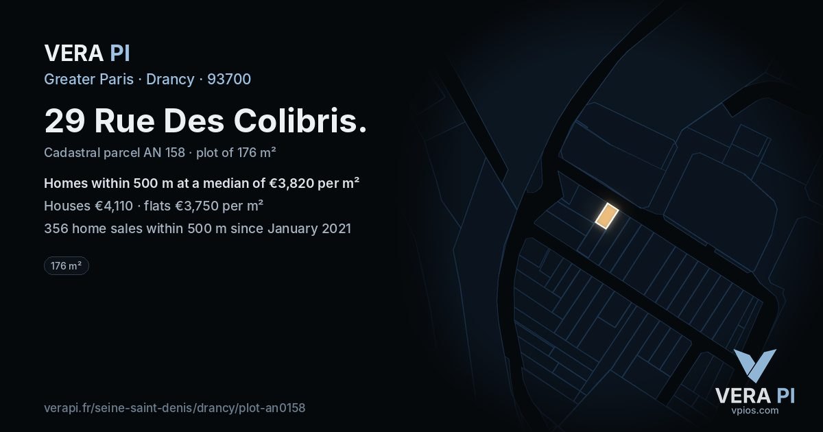 29 Rue Des Colibris, Drancy at night – the plot lit, the parcels around coloured by the prices near them
