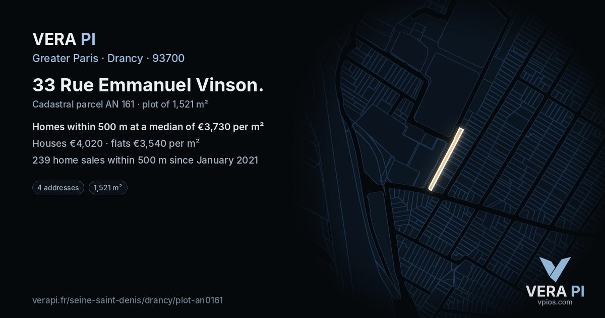 33 Rue Emmanuel Vinson, Drancy at night – the plot lit, the parcels around coloured by the prices near them