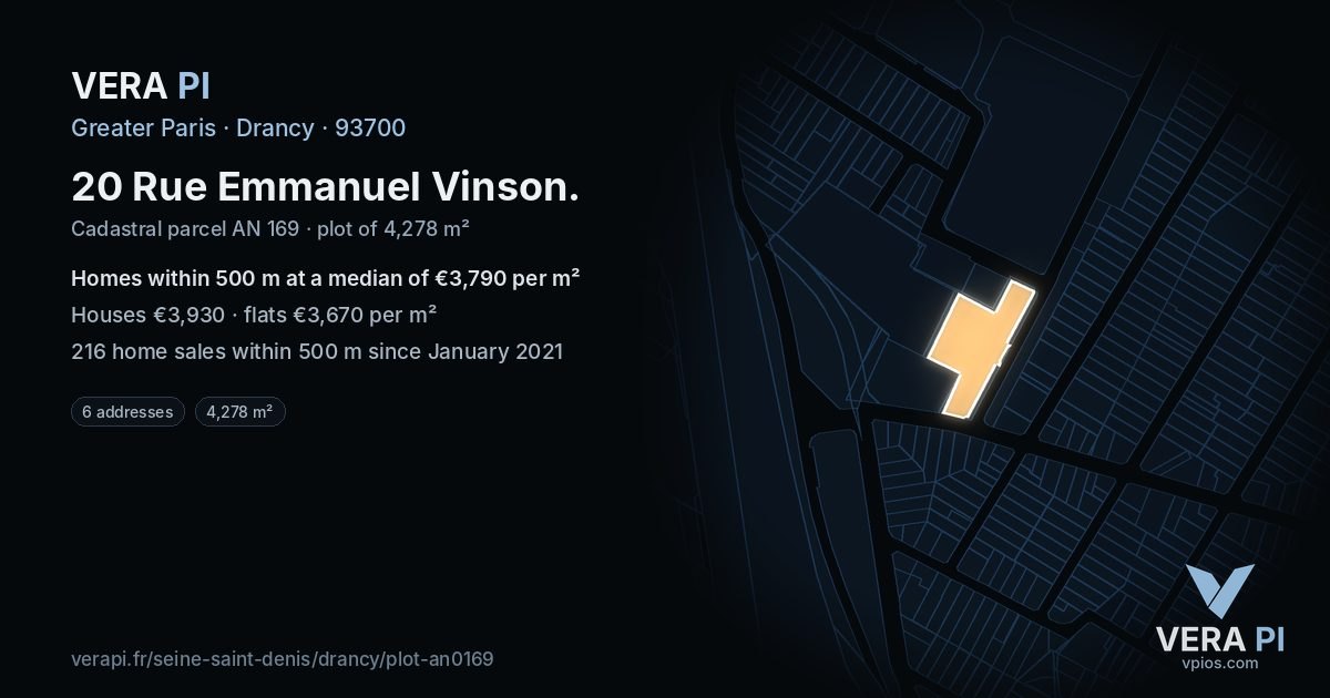 20 Rue Emmanuel Vinson, Drancy at night – the plot lit, the parcels around coloured by the prices near them
