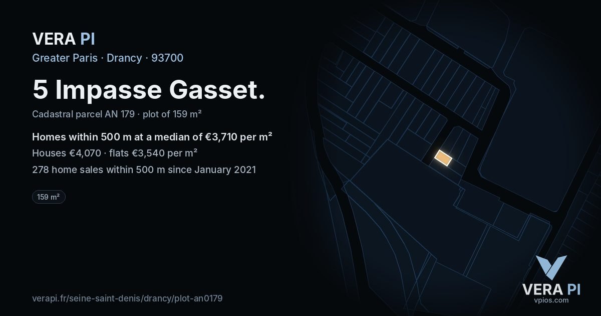 5 Impasse Gasset, Drancy at night – the plot lit, the parcels around coloured by the prices near them