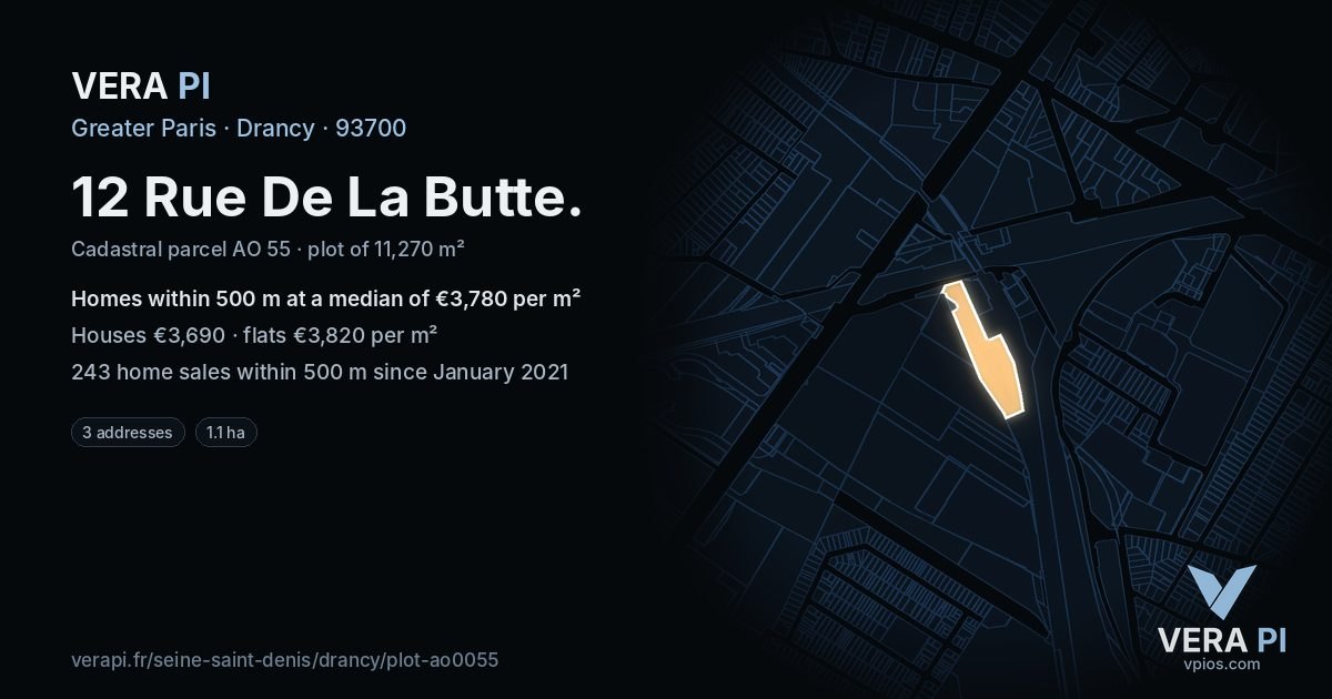 12 Rue De La Butte, Drancy at night – the plot lit, the parcels around coloured by the prices near them