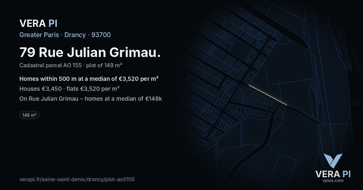 79 Rue Julian Grimau, Drancy at night – the plot lit, the parcels around coloured by the prices near them