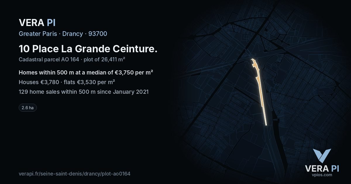 10 Place La Grande Ceinture, Drancy at night – the plot lit, the parcels around coloured by the prices near them