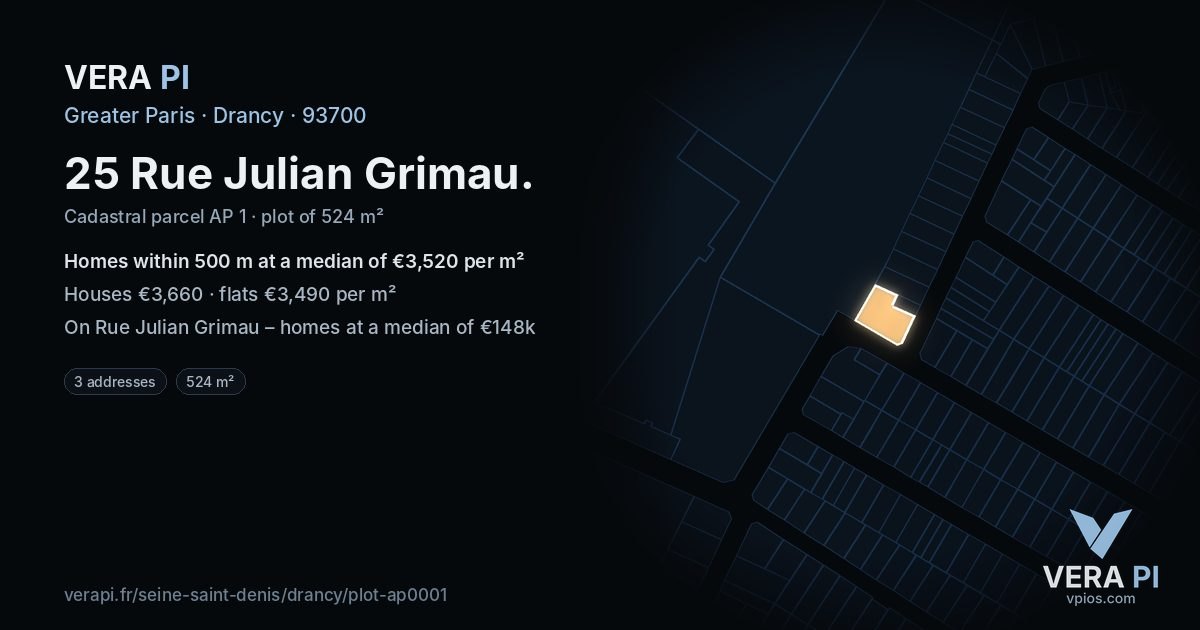 25 Rue Julian Grimau, Drancy at night – the plot lit, the parcels around coloured by the prices near them