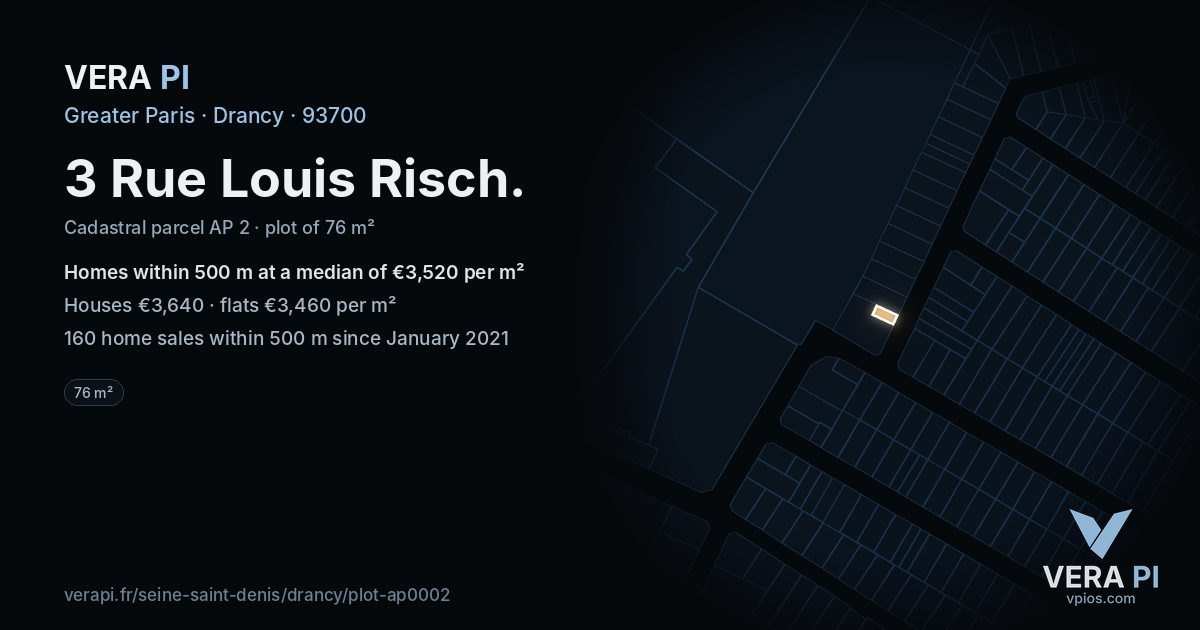 3 Rue Louis Risch, Drancy at night – the plot lit, the parcels around coloured by the prices near them