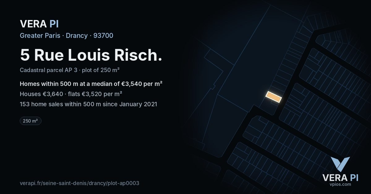 5 Rue Louis Risch, Drancy at night – the plot lit, the parcels around coloured by the prices near them