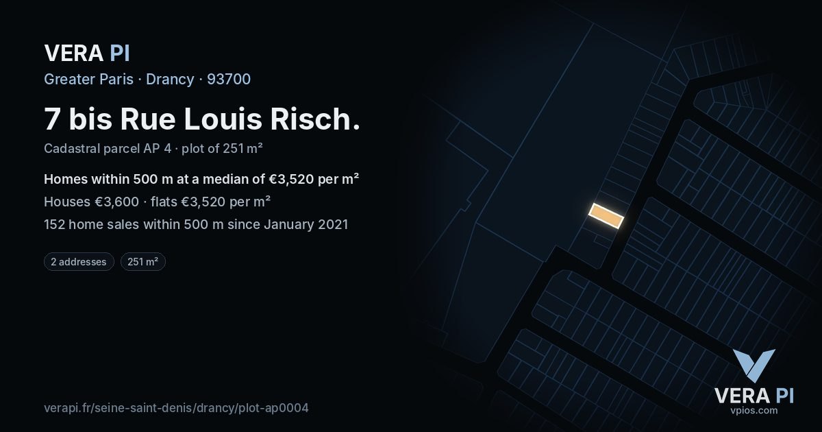 7 bis Rue Louis Risch, Drancy at night – the plot lit, the parcels around coloured by the prices near them