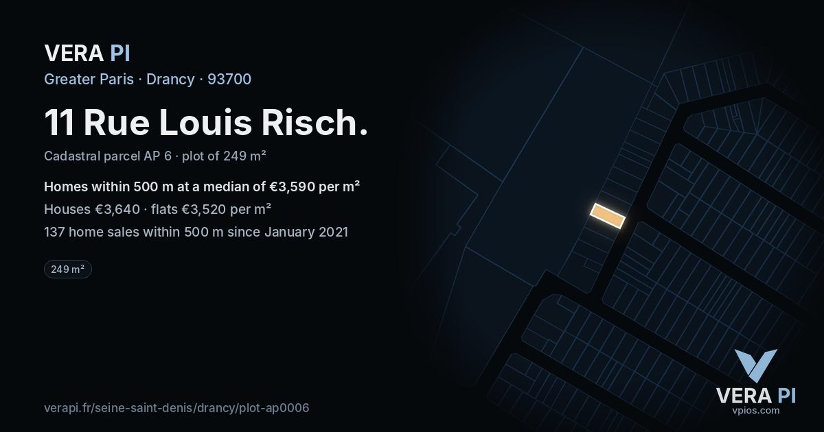 11 Rue Louis Risch, Drancy at night – the plot lit, the parcels around coloured by the prices near them