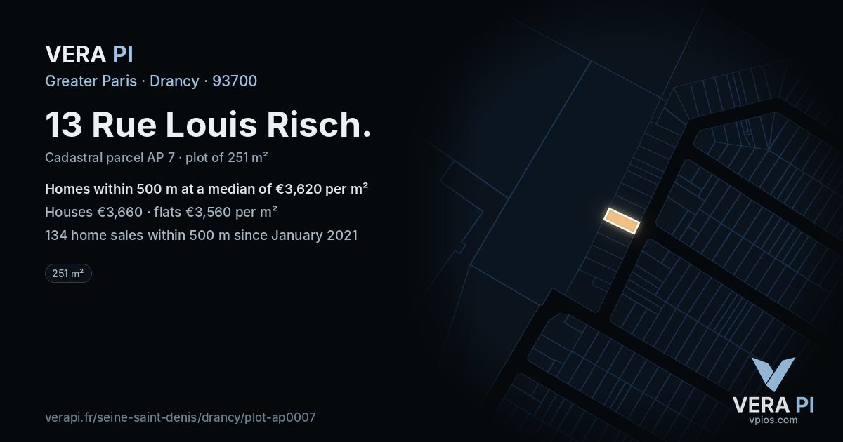 13 Rue Louis Risch, Drancy at night – the plot lit, the parcels around coloured by the prices near them