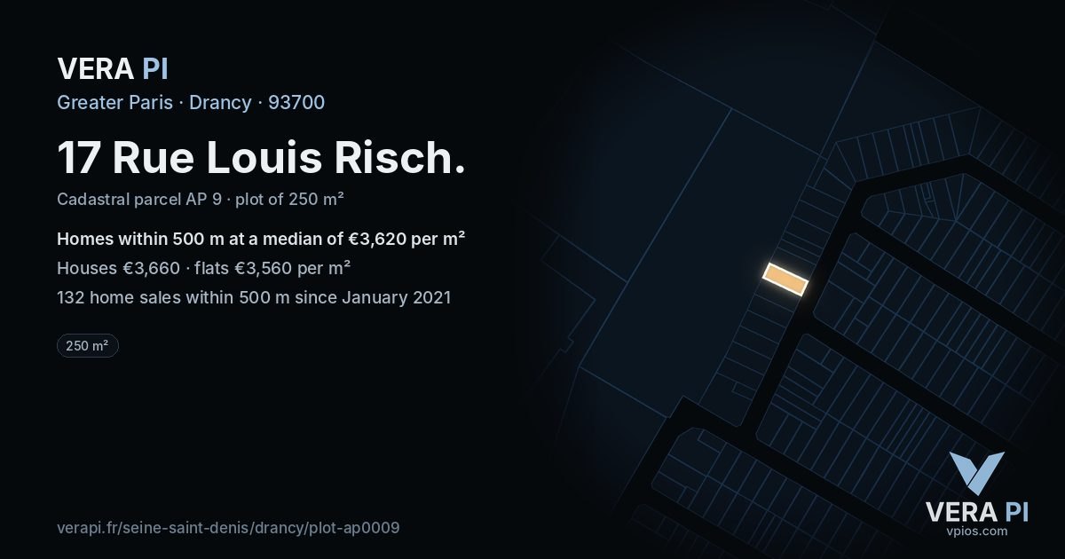 17 Rue Louis Risch, Drancy at night – the plot lit, the parcels around coloured by the prices near them