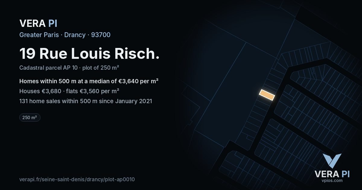 19 Rue Louis Risch, Drancy at night – the plot lit, the parcels around coloured by the prices near them