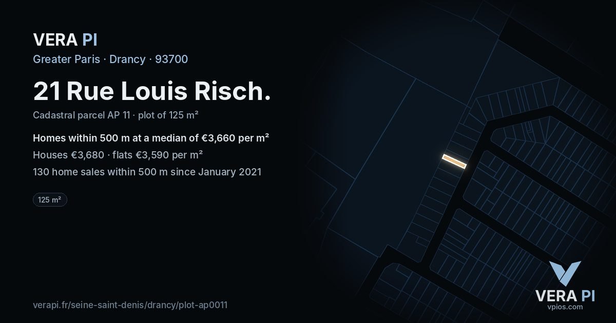 21 Rue Louis Risch, Drancy at night – the plot lit, the parcels around coloured by the prices near them