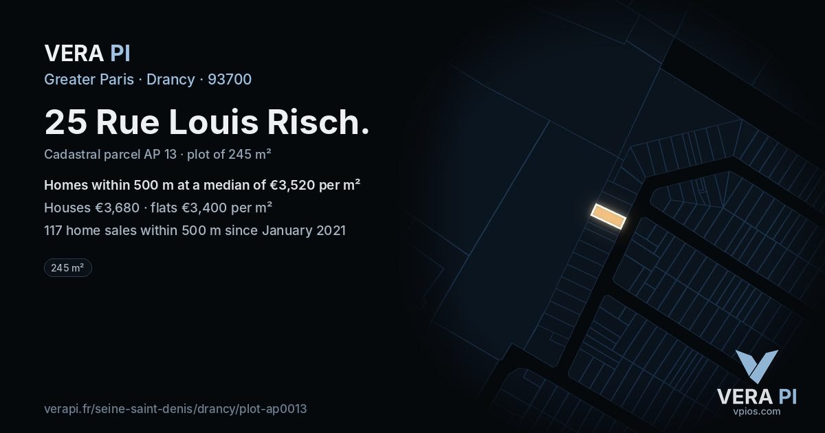 25 Rue Louis Risch, Drancy at night – the plot lit, the parcels around coloured by the prices near them